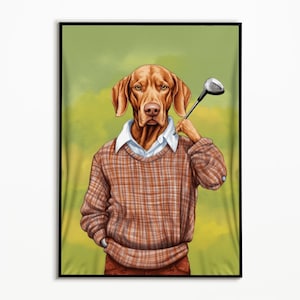 Vizsla spielt Golf, lustiges Hundebild, digitaler download, Geschenkideen für Hundebesitzer, Wohnzimmer Bild, Wall Art Print, Golf Poster