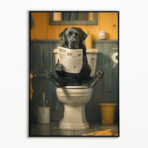 Labrador sitzt auf der Toilette und liest Zeitung, Badezimmer Bilder, Badezimmer Deko, Labrador Geschenk, Funny Dog Picture, Wall Art Print