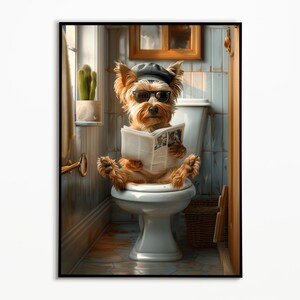 Yorkshire Terrier auf der Toilette und liest Zeitung,Badezimmer Bilder,Digitaler Download, Pets Gitfs, Funny Dog  Geschenkideen Haustiere