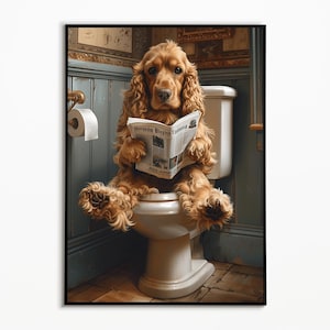Cocker Spaniel sul WC, Immagini del bagno, Download digitale, Regalo per cani Spaniel, Immagine divertente del cane, Poster di stampe d'arte da parete
