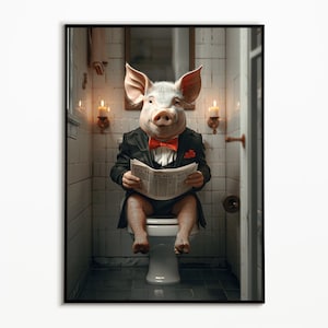 Varken op het toilet en krant lezen, badkamerposter, digitale download, poster met cadeau-ideeën, grappige varkensfoto, kunst aan de muur