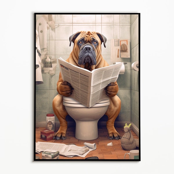 Bullmastiff sur les toilettes, images d’idées de salle de bains, image de chien drôle, idées d’ameublement affiche de salle de bains, téléchargement numérique Bullmastiff