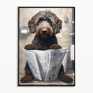 Labradoodle on toilet and reading newspaper, bathroom picture, bathroom decoration, Labradoodle gift, funny picture, bathroom furnishing ideas