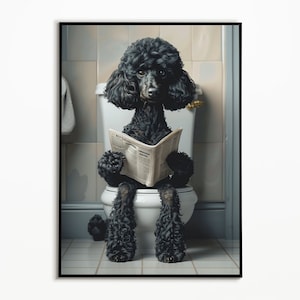Black standard poodle sitting on the toilet, bathroom pictures, digital download, bathroom decoration, poodle gift, funny dog picture, standard poodle