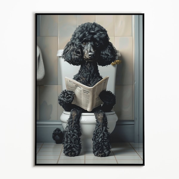 Königspudel schwarz sitzt auf der Toilette,Badezimmer Bilder,Digitaler Download, Badezimmer Deko,Pudel Geschenk,Funny Dog Picture,Grosspudel