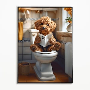Maltipoo on toilet and reading newspaper, Bathroom picture, Digital download, Maltipoo gift, Funny picture, Bathroom furnishing ideas