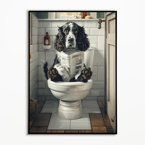 Springer Spaniel sur les toilettes, Photos de salle de bain, Téléchargement numérique, Idées cadeaux pour chien épagneul, Image de chien drôle, Mur d’art animalier