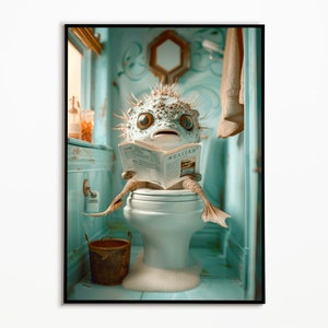 Puffer fish on the toilet, bathroom pictures, funny picture, wall art print, puffer fish gift, gift idea poster, digital download