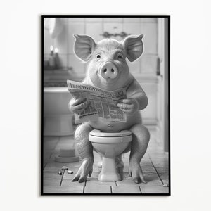 Schwein auf der Toilette und liest Zeitung, Badezimmer Poster, digitaler download, Geschenkideen Poster, Funny Pig Picture, Wall art Prints