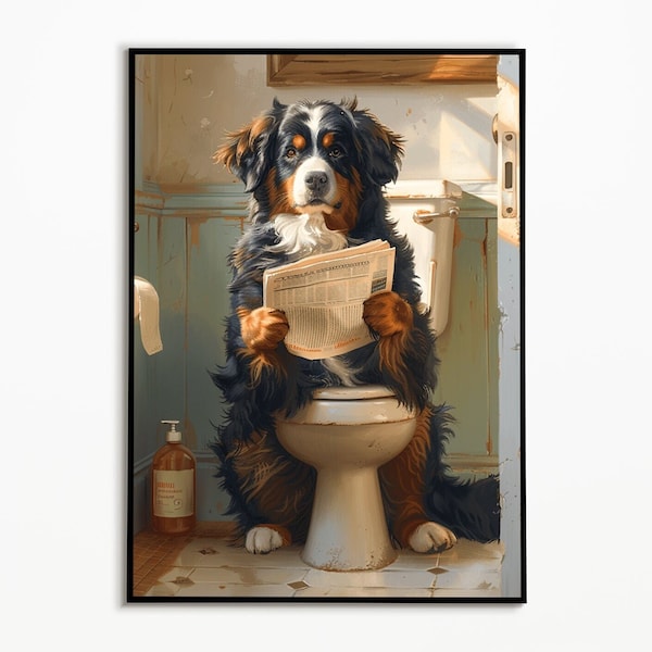 Berner Sennenhond op het toilet en het lezen van de krant, badkamerposter, cadeau voor hondenbezitter, grappige hondenfoto, muurkunstafdrukken