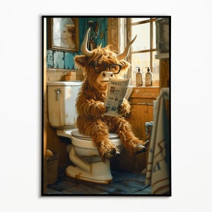 Highland Cow on Toilet, Bathroom Picture, Digital Download, Highland Cow Gift, Funny Picture, Bathroom Decor Ideas, Wall Art