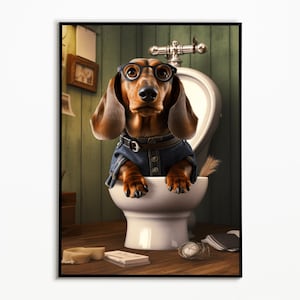 Dackel auf der Toilette und liest Zeitung, Badezimmer Bilder, Badezimmer Deko, Dackel Geschenk, Funny Dog Picture, Dackel Deko,Haustier Bild