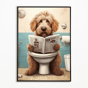 Labradoodle op het toilet en de krant lezen, badkamerfoto, badkamerdecoratie, Labradoodle cadeau, grappige foto, badkamerinrichtingsideeën
