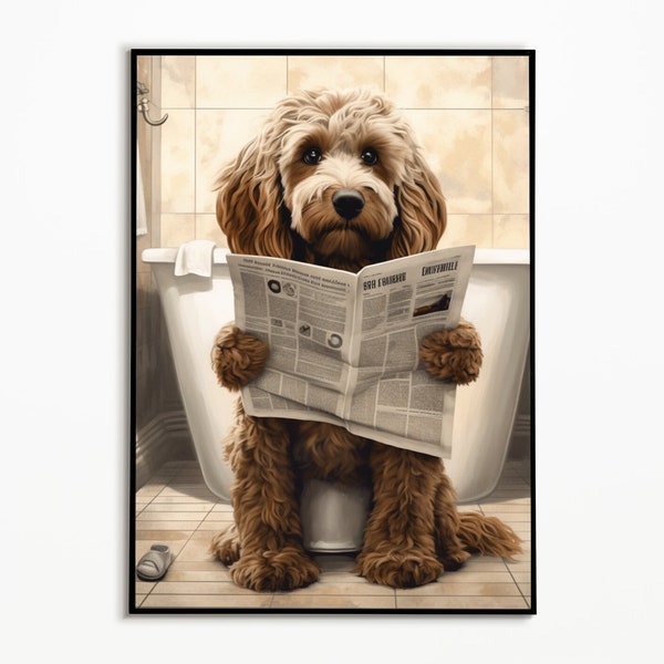 Cockapoo on the toilet and reading the newspaper, bathroom ideas pictures, funny dog picture, furnishing ideas bathroom poster, wall decoration picture