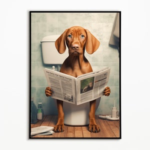 Vizsla puppy on the toilet reading newspaper, bathroom poster, digital download, gift for dog owner,Funny Dog Picture,Vizsla art