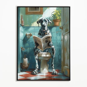 Blue Harlequin Great Dane on the toilet, bathroom pictures, digital download, gift ideas dog owners, funny dog picture