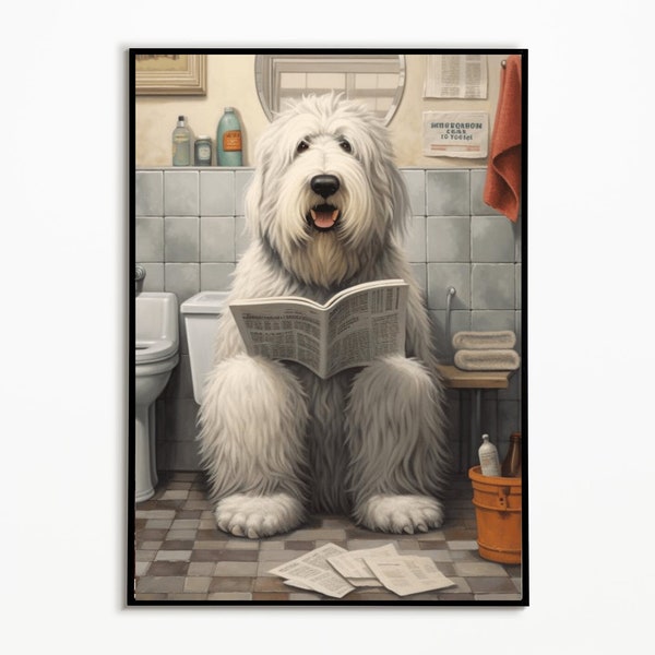 Old English Sheepdog auf der Toilette und liest Zeitung, Badezimmer Ideen Bilder ,Funny Dog Picture, Eirichtung Ideen Badezimmer Poster