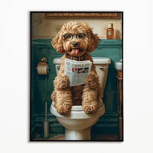 Cockapoo on the toilet, bathroom ideas pictures, funny dog picture, gift bathroom poster, wall art prints, digital download
