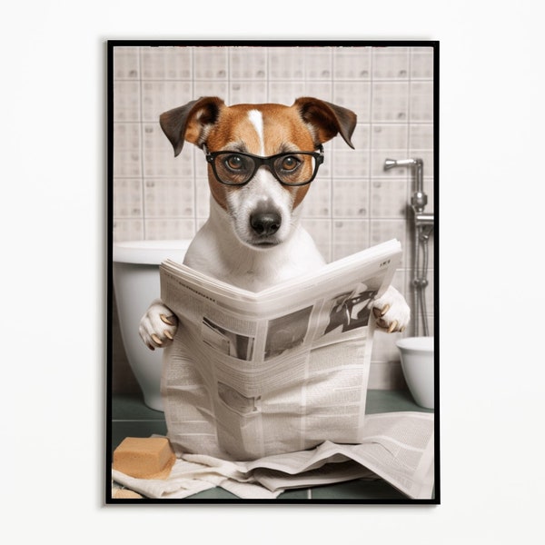 Jack Russell Terrier auf der Toilette und liest Zeitung, lustiges Hundebild, digitaler download, Geschenk für Hundebesitzer,Pets dog picture