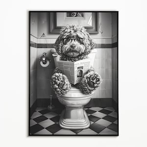 Cockapoo on the toilet and reading newspaper, bathroom ideas pictures, funny dog picture, furnishing ideas bathroom poster, wall decoration picture