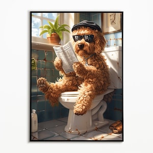Goldendoodle on the toilet, bathroom picture, digital download, Goldendoodle gift, funny picture, bathroom interior design ideas, wall art