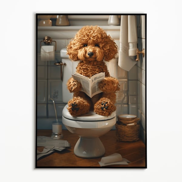 Caniche abricot sur les toilettes, téléchargement numérique, image de chien drôle, idées cadeaux animaux de compagnie, image de décoration murale, impressions d’art mural, décoration intérieure