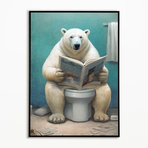 Eisbär auf der Toilette und liest Zeitung, Badezimmer Ideen Bilder ,Funny Animal Picture, Eirichtung Ideen Badezimmer Poster, Eisbär Gifts