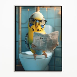 Budgie on the Toilet, Bathroom Ideas Pictures, Funny Picture, Wall Art Prints, Gift Idea Pets Poster, Digital Download