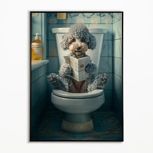 Toy Poodle sitting on the toilet, Bathroom Pictures, Digital Download, Poodle Gift, Funny Dog Picture, Gift Ideas for Dog Owners