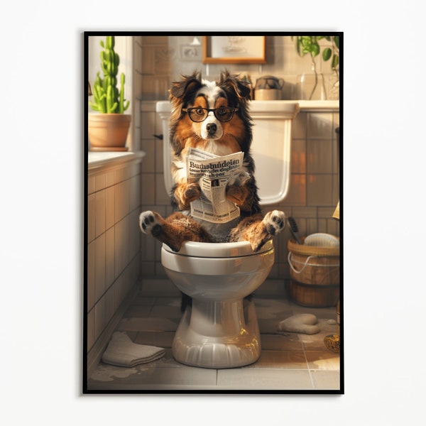 Berger australien sur les toilettes, photo de salle de bain, téléchargement numérique, idées cadeaux propriétaires de chiens, photo de chien drôle, impressions d’art mural