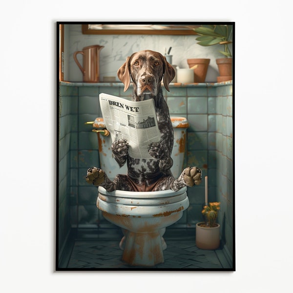 Pointeur allemand à poil court assis sur les toilettes, photos de salle de bains, téléchargement numérique, cadeau de pointeur allemand à poil court, chien drôle, art mural