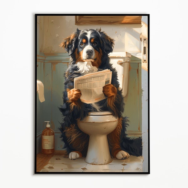 Bouvier bernois assis sur les toilettes et lisant le journal, photos de salle de bain, décoration de salle de bain, cadeau de bouvier bernois, image de chien drôle