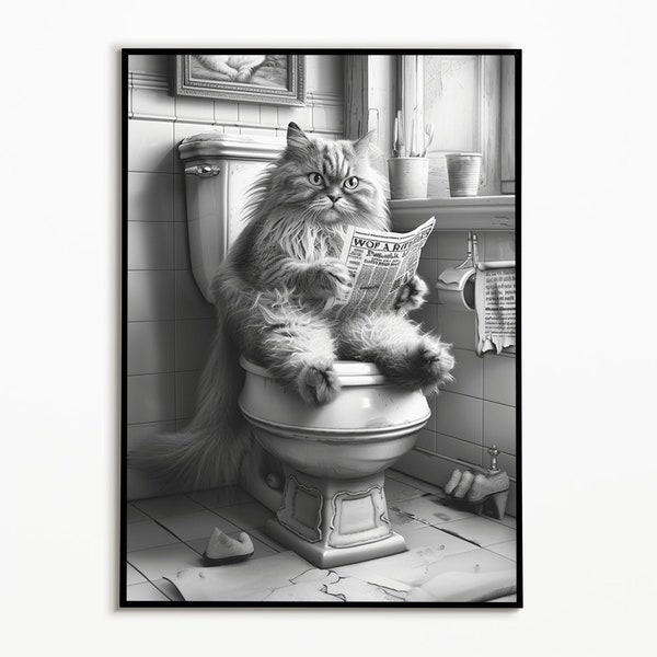 Persian cat sits on the toilet and reads the newspaper, bathroom pictures, cat gift, funny cat picture, cat poster bathroom