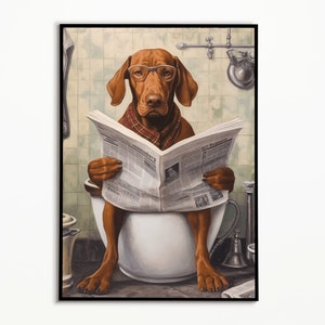 Vizsla on the toilet and reading newspaper, bathroom poster, digital download, gift for dog owner, Funny Dog Picture, Vizsla art