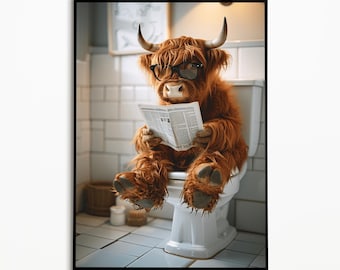 Hooglander op toilet, badkamerfoto, digitale download, hooglander cadeau, grappige foto, badkamerdecoratie-ideeën, wandkunst