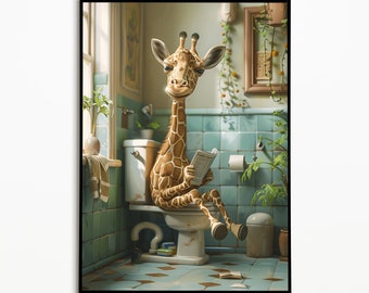 Giraffe sitting on the toilet, bathroom pictures, digital download, bathroom decoration, giraffe gift, funny bad picture, wall art prints