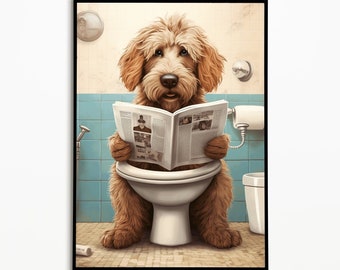 May include: A brown and white dog sits on a white toilet in a bathroom with blue tile walls. The dog is reading a newspaper.
