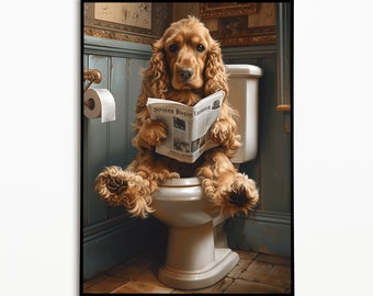 Cocker Spaniel on the Toilet, Bathroom Pictures, Digital Download, Spaniel Dog Gift, Funny Dog Picture, Wall Art Prints Poster