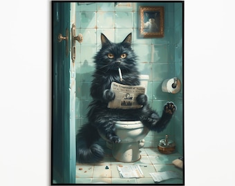 Black cat sitting on the toilet and reading newspaper, bathroom pictures, cat gift, funny cat picture, cat poster bathroom, wall art