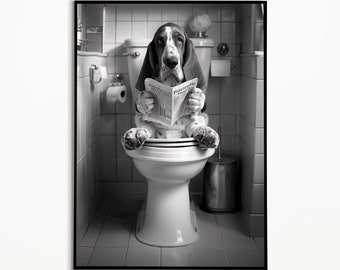 May include: A black and white photo of a dog sitting on a toilet and reading a newspaper. The dog is a basset hound and is wearing a serious expression. The newspaper is titled "The Daily News".