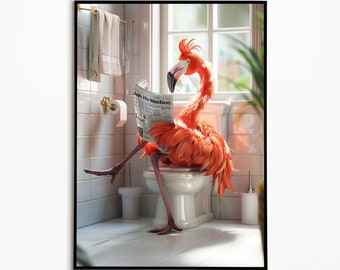 Flamenco en el baño y leyendo el periódico, imágenes del baño, descarga digital, imagen de idea de regalo, imagen de animal divertida, impresiones de arte de pared