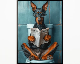 Doberman en el baño, imágenes del baño, descarga digital, imagen divertida de un perro, ideas de regalos para dueños de perros, impresiones artísticas en la pared