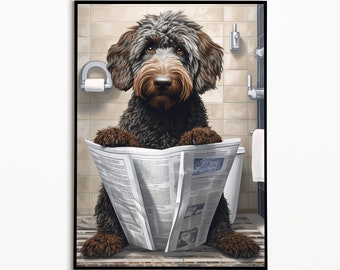 Labradoodle auf Toilette und liest Zeitung,Badezimmer Bild, Badezimmer Deko, Labradoodle Geschenk,Funny Picture,Einrichtung Ideen Badezimmer