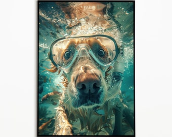 Labrador underwater with diving goggles, funny dog picture, digital download, gift for dog owners, Funny Dog Picture, Wall Art