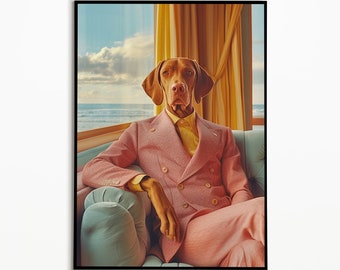 Vizsla in a suit in an armchair, gift ideas for dog owners, digital download, wall art prints, funny dog picture, dog poster