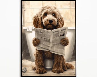 Cockapoo on the toilet and reading the newspaper, bathroom ideas pictures, funny dog picture, furnishing ideas bathroom poster, wall decoration picture