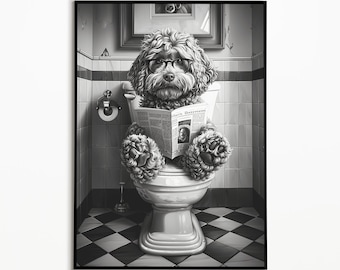 Cockapoo on the toilet and reading newspaper, bathroom ideas pictures, funny dog picture, furnishing ideas bathroom poster, wall decoration picture