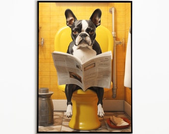 Boston Terrier on the Toilet, Bathroom Pictures, Digital Download, Terrier Gift, Funny Dog Picture, Interior Bathroom Poster