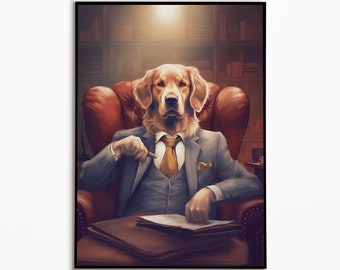 Golden Retriever in a suit in an armchair, funny dog picture, digital download, gift for dog owners, Funny Dog Picture, Golden Gitfs