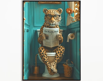 Leopard Poster, Safari Animals Funny, Bathroom Ideas Pictures, Funny Animal, Digital Download, Gift Ideas Bathroom, Wall Art Prints Poster